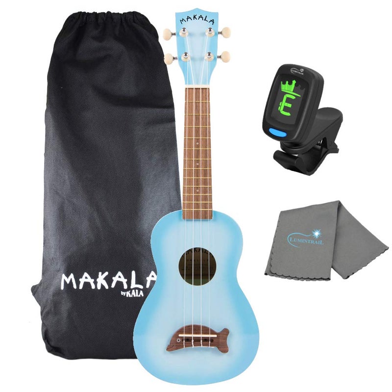 Kala Light Blue Burst Dolphin Makala Soprano Ukulele - MK-SD/LBLBURST Bundle with a Tuner and Polishing Cloth - Image 1